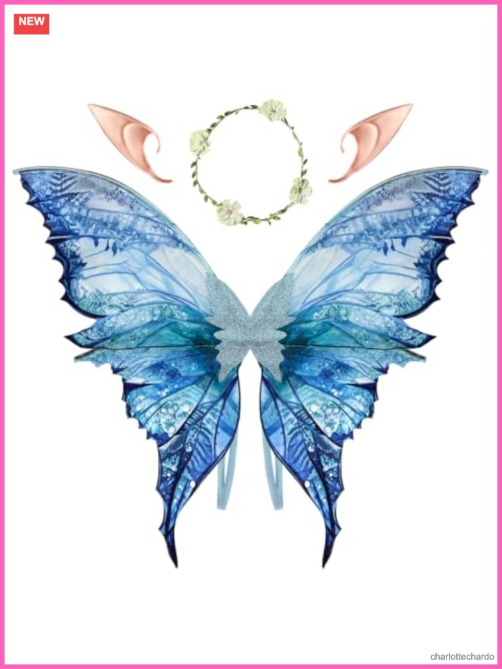 Adult Fairy Costume Set Wings Elf Ears Flower Arm Wrap Halloween Cosplay
